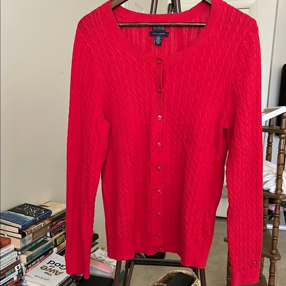 Red Cable Knit Sweater Cardigan Tommy Hilfiger Size XL - Picture 2 of 10
